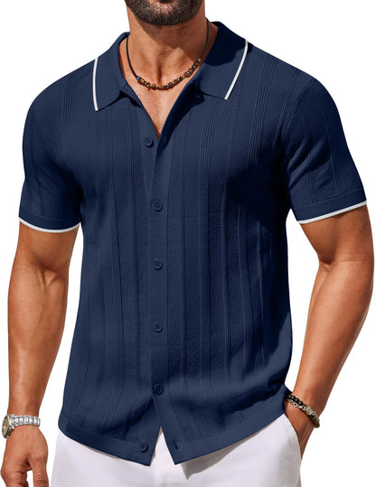 HOTCOOFANDY Men's Knit Button Down Shirts Short Sleeve Polo Shirt Casual Vacation Summer Beach Shirts