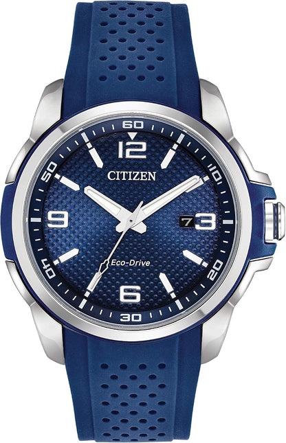 HOTCitizen Men's Eco-Drive Weekender Watch in Stainless Steel with Blue Polyurethane Strap, Blue Dial (Model: AW1158-05L)