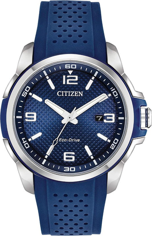 HOTCitizen Men's Eco-Drive Weekender Watch in Stainless Steel with Blue Polyurethane Strap, Blue Dial (Model: AW1158-05L)