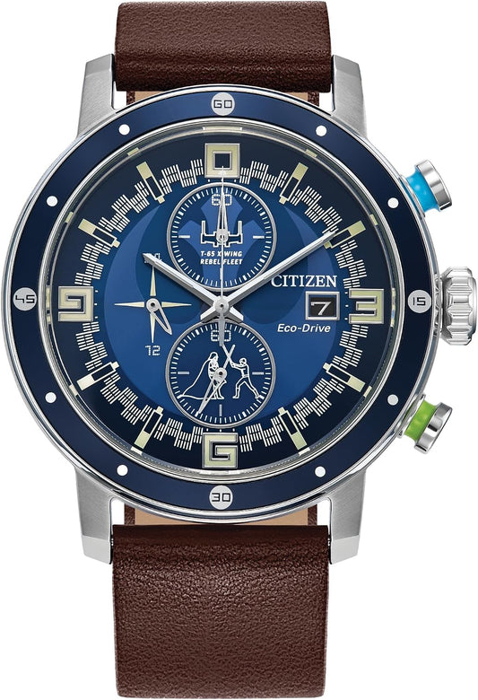 HOTCitizen Men's Eco-Drive Star Wars Luke Skywalker Chronograph Stainless Steel Watch with Brown Leather Strap, Blue Bezel, 44mm (Model: CA0768-07W)