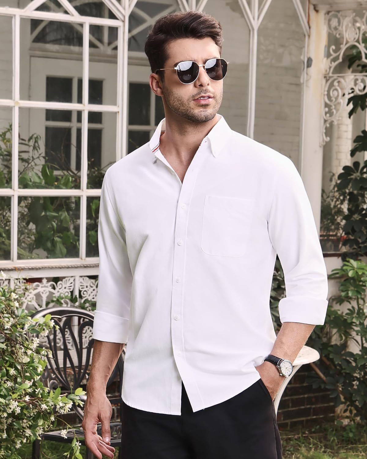HOTAlimens & Gentle Mens Solid Oxford Shirt Long Sleeve Dress Shirt Work Casual Button Down Shirts with Pocket