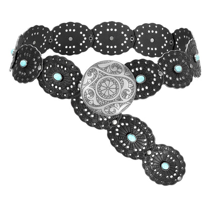HOTSUOSDEY Wide Western Disc Belt with Turquoise Women Cowgirl Cowboy Boho Country Leather Belts for Jeans Dress, Width 2.36"