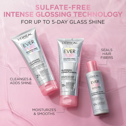 HOTL’Oreal Paris Sulfate Free Glossing Shampoo and Conditioner Set with Glycolic Acid, Provides Intense Glass Shine & Smoothness, Suitable for Dull, Dry, and Color-Treated Hair, EverPure, 13.6 Fl Oz Set