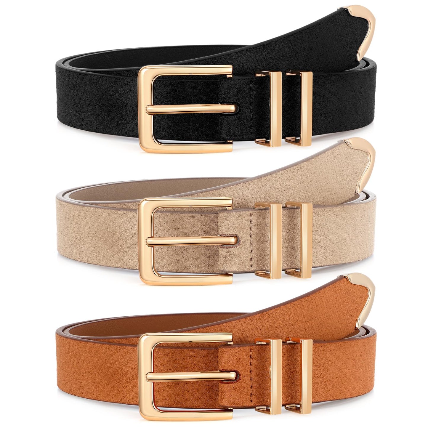HOTXZQTIVE 3 Pack Women Belts For Jeans Dresses Pants Ladies Leather Waist Belt with Gold Buckle