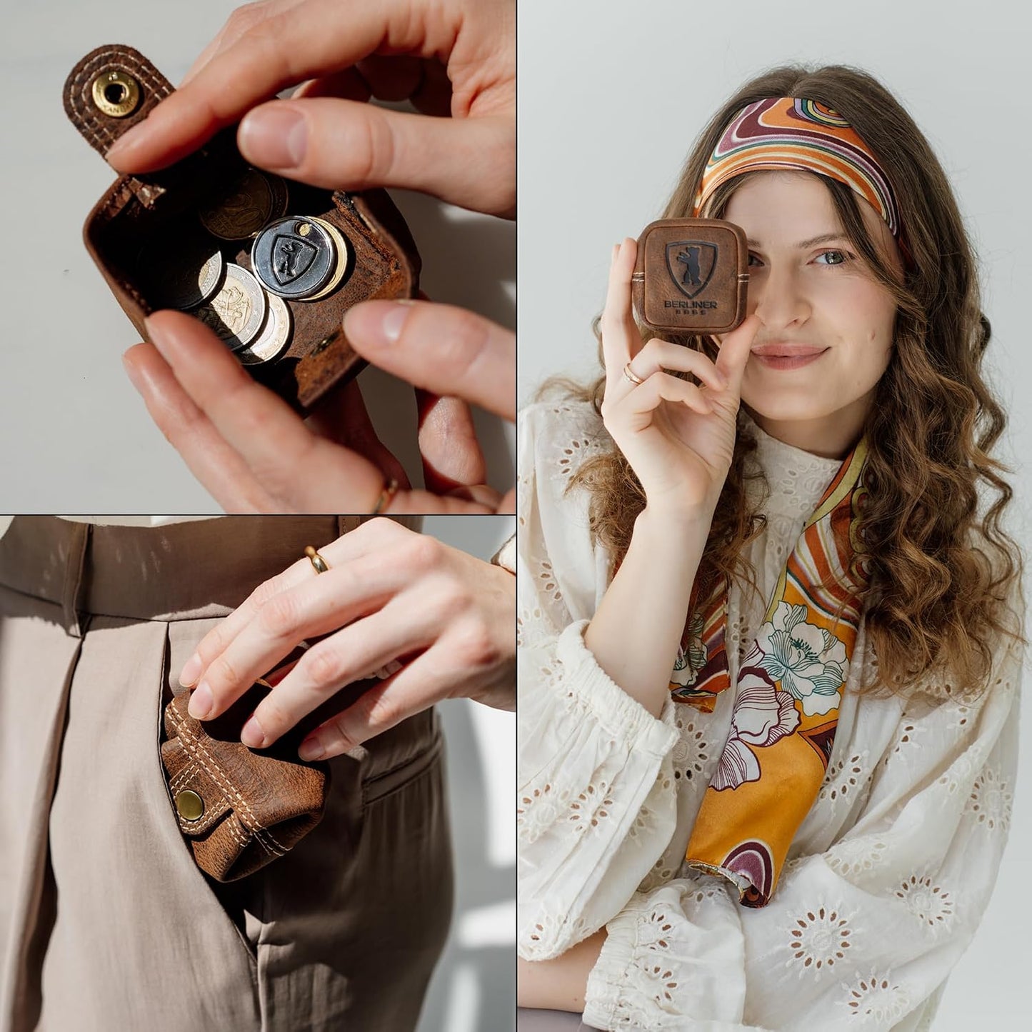 HOTBerliner Bags Vintage Genuine Leather Coin Pouch Lena, Change Purse for Women and Men, Coin Purse With Snap - Brown