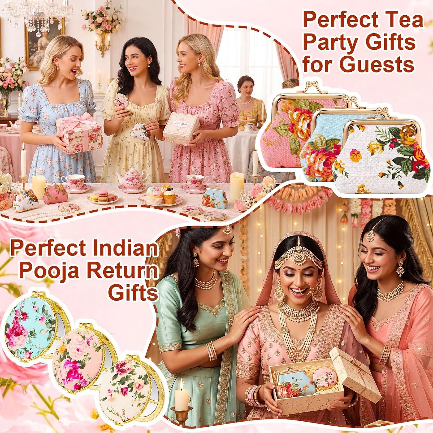 HOT30 Pcs Indian Pooja Return Gifts Bulk Floral Coin Purse Mirror,Gold Edge