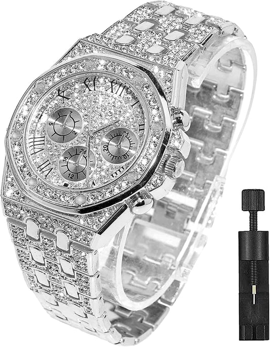 HOTApzzic Diamond Iced Out Watch CZ Gold Plated 40mm Width Roman Numerals Dial Quartz Wristband Watch for Men Women