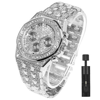 HOTApzzic Diamond Iced Out Watch CZ Gold Plated 40mm Width Roman Numerals Dial Quartz Wristband Watch for Men Women