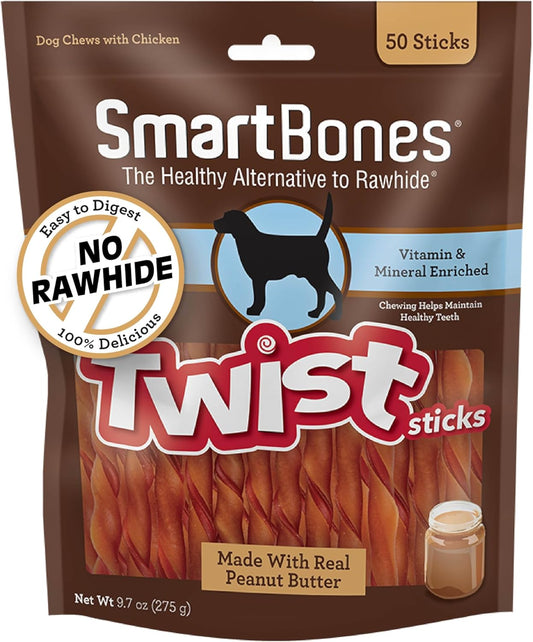HOTSmartBones Smart Twist Sticks With Peanut Butter, Rawhide-Free Chews For Dogs, 50 Count