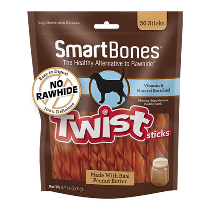 HOTSmartBones Smart Twist Sticks With Peanut Butter, Rawhide-Free Chews For Dogs, 50 Count
