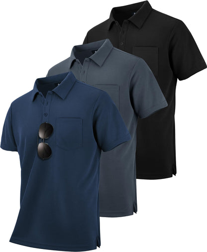 HOTZITY Men's 3 Pack Polo Shirts Short Sleeve with Pocket Moisture Wicking Casual Work Golf Lightweight Collared T-Shirts