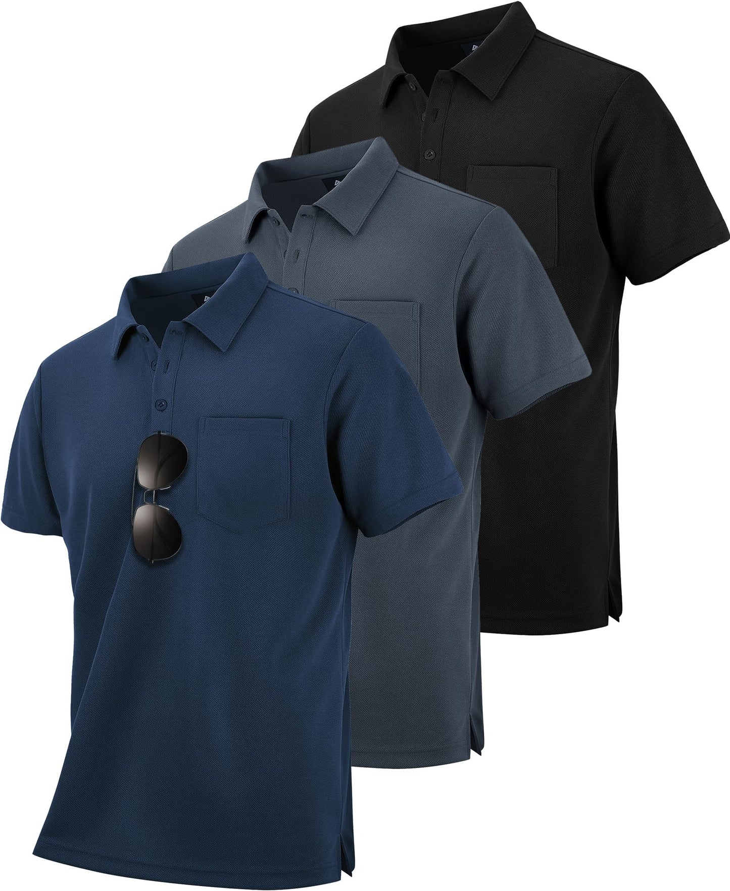 HOTZITY Men's 3 Pack Polo Shirts Short Sleeve with Pocket Moisture Wicking Casual Work Golf Lightweight Collared T-Shirts