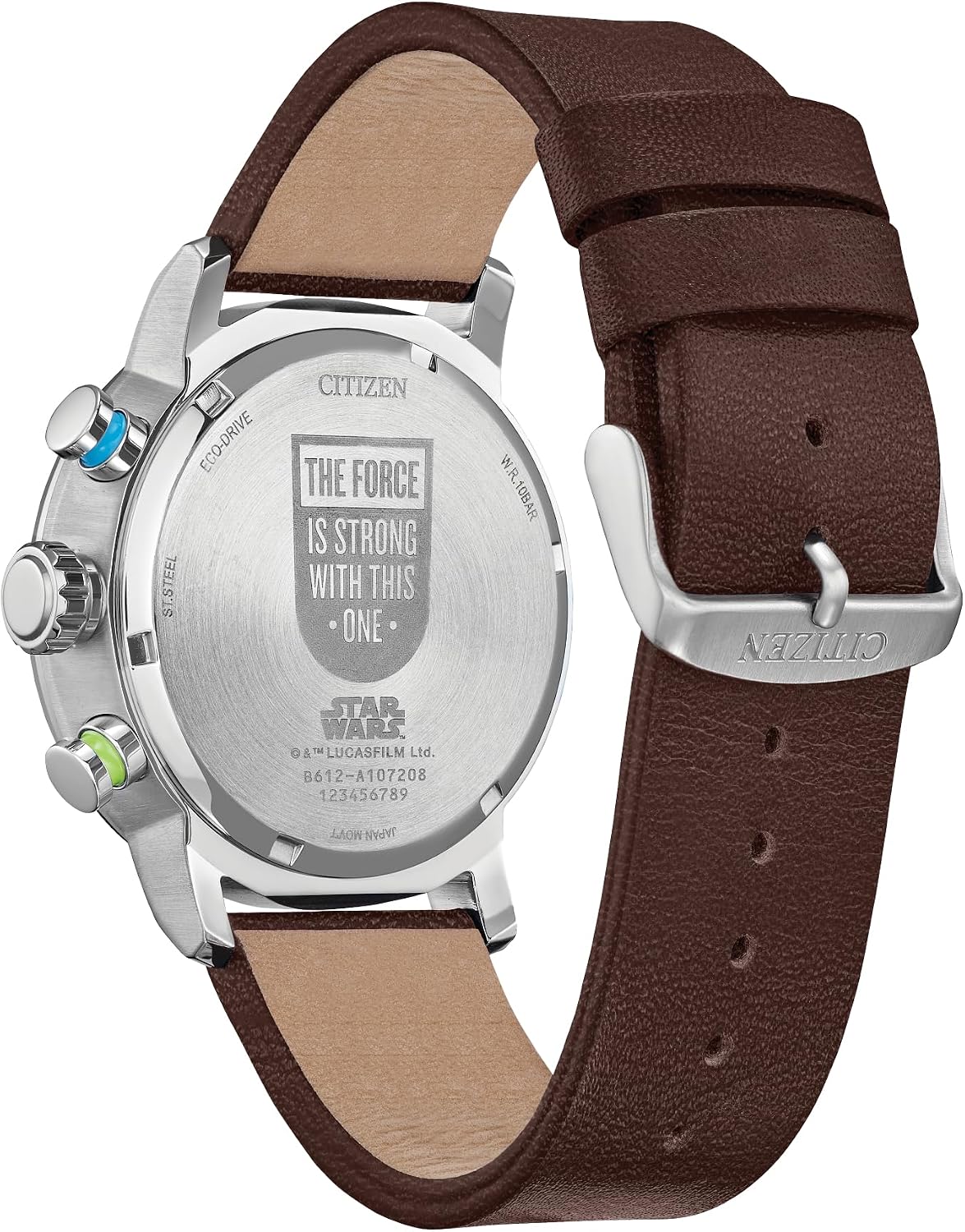 HOTCitizen Men's Eco-Drive Star Wars Luke Skywalker Chronograph Stainless Steel Watch with Brown Leather Strap, Blue Bezel, 44mm (Model: CA0768-07W)