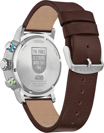 HOTCitizen Men's Eco-Drive Star Wars Luke Skywalker Chronograph Stainless Steel Watch with Brown Leather Strap, Blue Bezel, 44mm (Model: CA0768-07W)