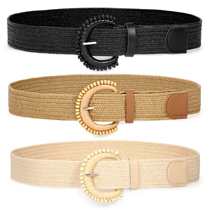 HOTWHIPPY 3 Packs Women Straw Woven Elastic Stretch Waist Belts Fashion Boho Braided Skinny Ladies Dress Belt