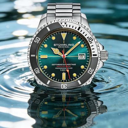 HOTStuhrling Depthmaster Heritage Diver Swiss Quartz Watch, 42mm, Stainless Steel, 100M Water Resistant