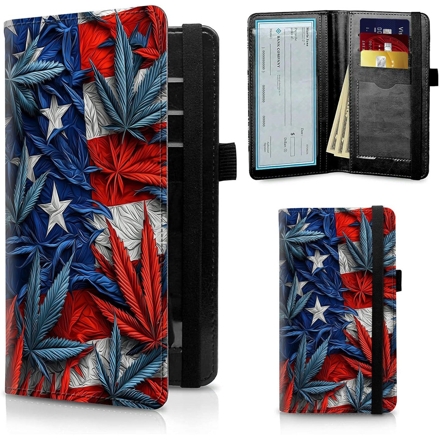 HOTFUYOCWE Leather Checkbook Cover for Men Women Check book Holder Cover for Personal Checkbook Checks with RFID Blocking & Elastic Strap-Bald Eagle with Flag