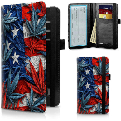 HOTFUYOCWE Leather Checkbook Cover for Men Women Check book Holder Cover for Personal Checkbook Checks with RFID Blocking & Elastic Strap-Bald Eagle with Flag