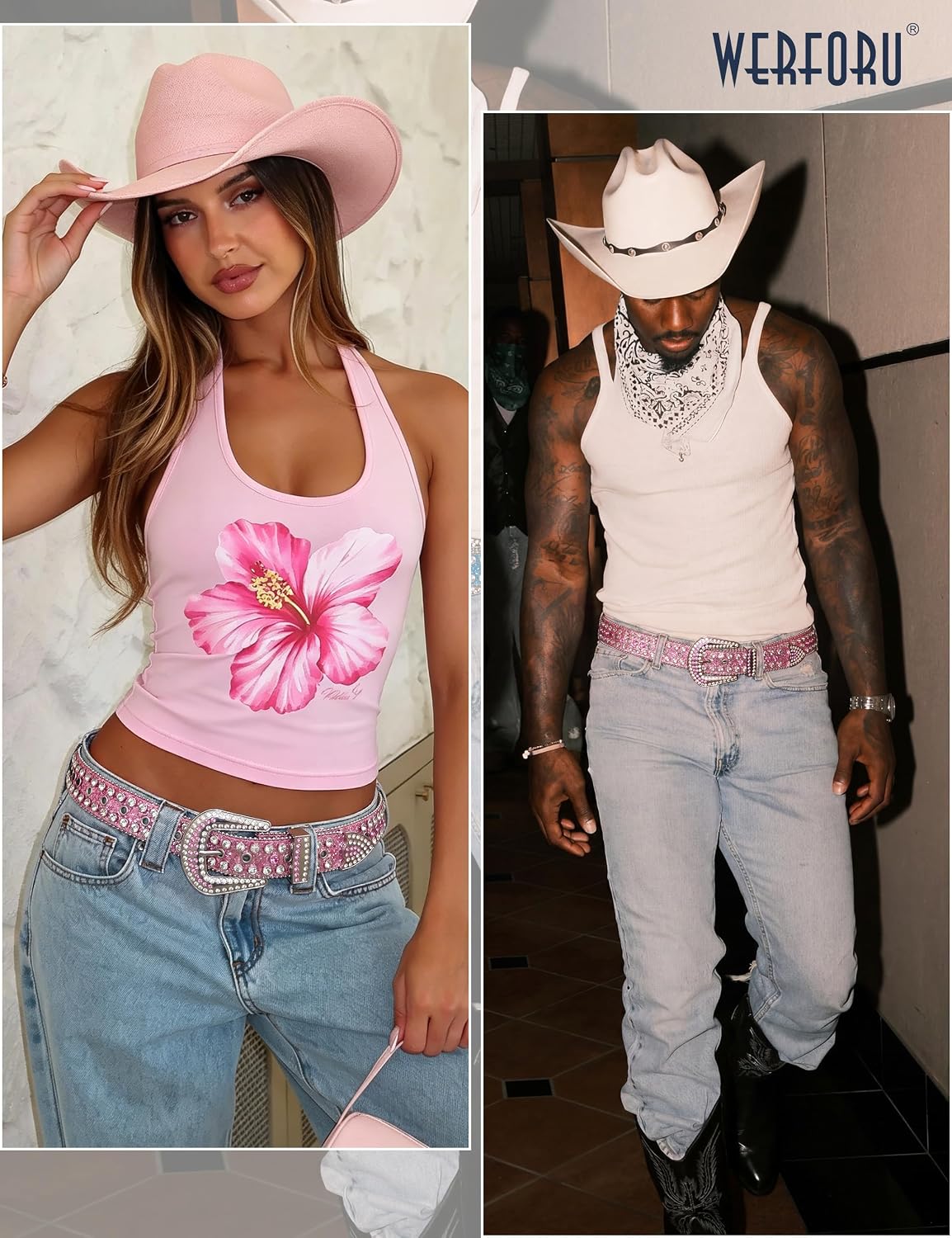 HOTWERFORU Women Men Western Rhinestone Studded Leather Belt Unisex Bling Cowgirl Cowboy Waist Belt for Jeans Pants Dress