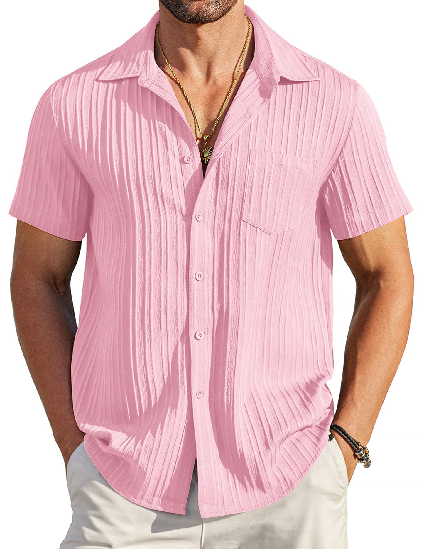 HOTCOOFANDY Men's Casual Button Down Shirts Short Sleeve Textured Summer Beach Shirt with Pocket