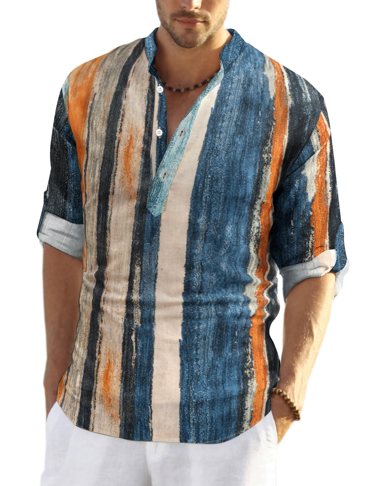 HOTCOOFANDY Men's Cotton Linen Henley T-Shirt Long Sleeve Hippie Casual Beach T-Shirts