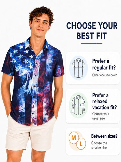 HOTYoimira 4th of July Shirts for Men,Patriotic Grunge Concept USA Flag Button-Down Casual Short Sleeve Hawaiian Shirts for Men
