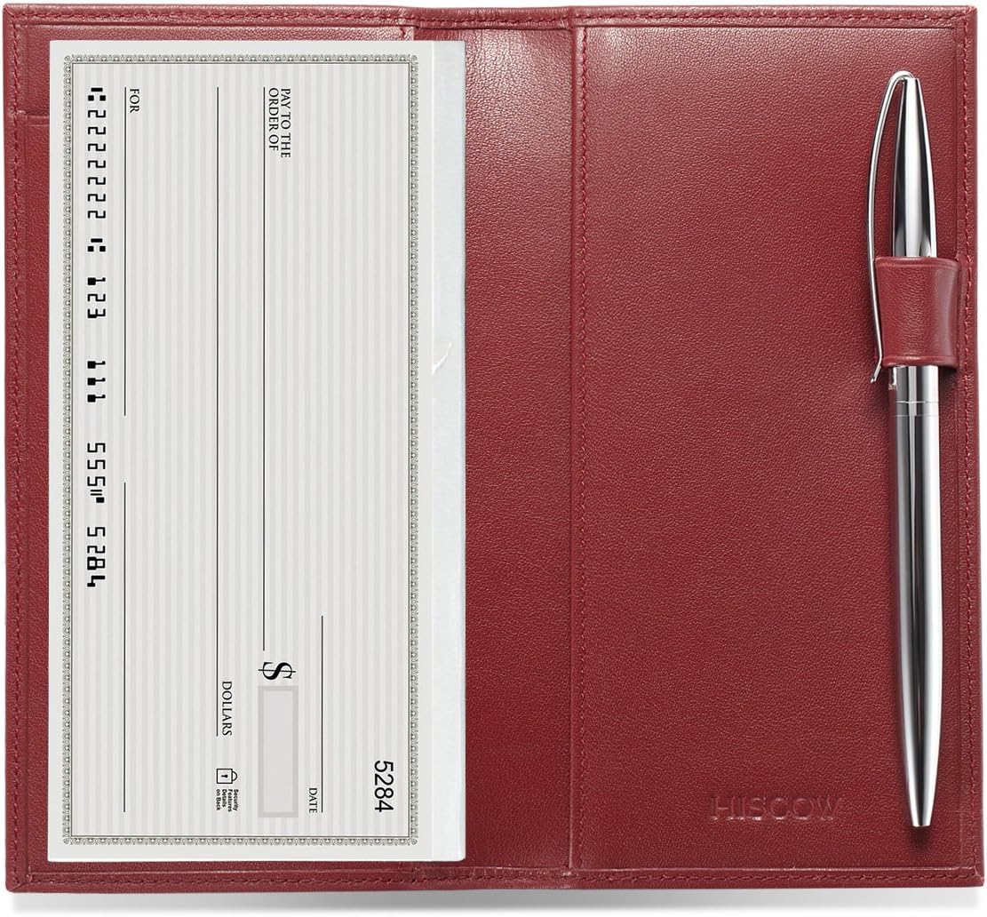 HOTHISCOW Leather Checkbook Cover for Duplicate Checks with Pen Holder | Full grain cowhide, personal check book & register pockets, removable vinyl divider, durable stitching, gifts for women men