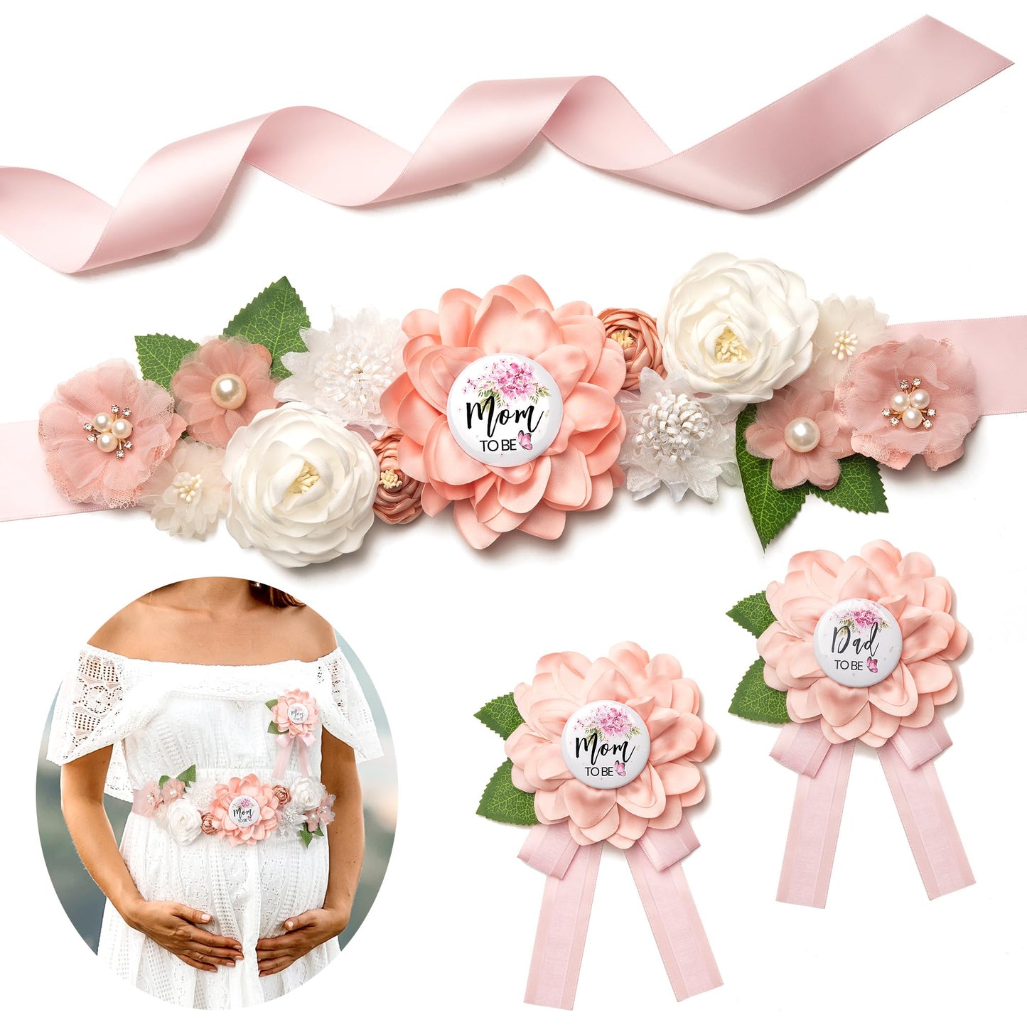 HOTBaby Shower Sash Decorations Mom to Be Corsage Gift Dad to Be Pin 3Pack Set Flower Belt for Maternity Dress - Gender Reveal Pregnancy Photo Props