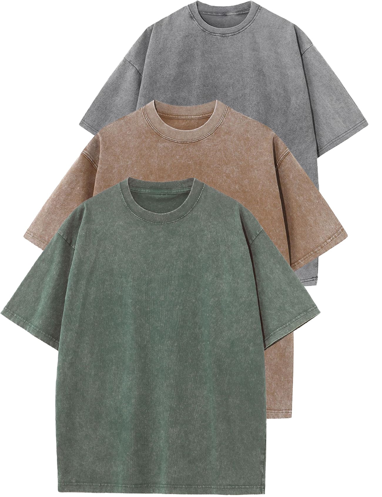HOTFlygo 3 Pack Men Oversized T Shirts Acid Washed Unisex Tee Loose Fit Short Sleeve Casual Streetwear Baggy Basic Tops
