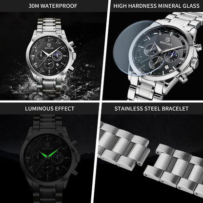 HOTBENYAR Mens Watches Analog Quartz Chronograph Waterproof Wrist Watches for Men Fashion Business Work Casual Sport Designer Dress Watch with Calendar Elegant Gifts for Men