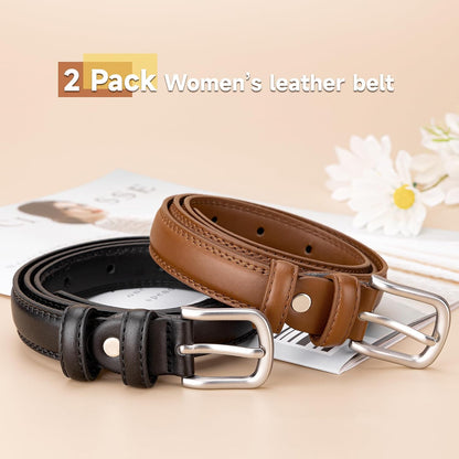 HOT2 Pack Leather Belts for Women Trendy, Women's Belts for Jeans Pants Dresses with Silver Buckle