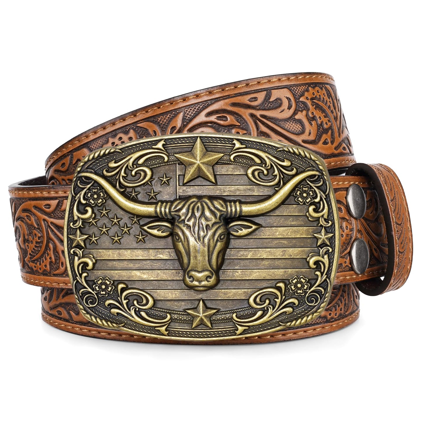 HOTSANSTHS Western Cowboy Belts for Men Women, Mens Western Belt Bull Buckle Country Belt Cowboy Leather Belt for Jeans