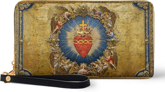 HOTOur Lady Of Grace Leather Clutch Purse Wallet for Women, Aesthetic Sacred Heart Virgin Mary RFID Blocking Zip Long Ladies Wallet Wristlet, Christian Blessed Mother Gift for Girl Mom Her (Scared Heart)