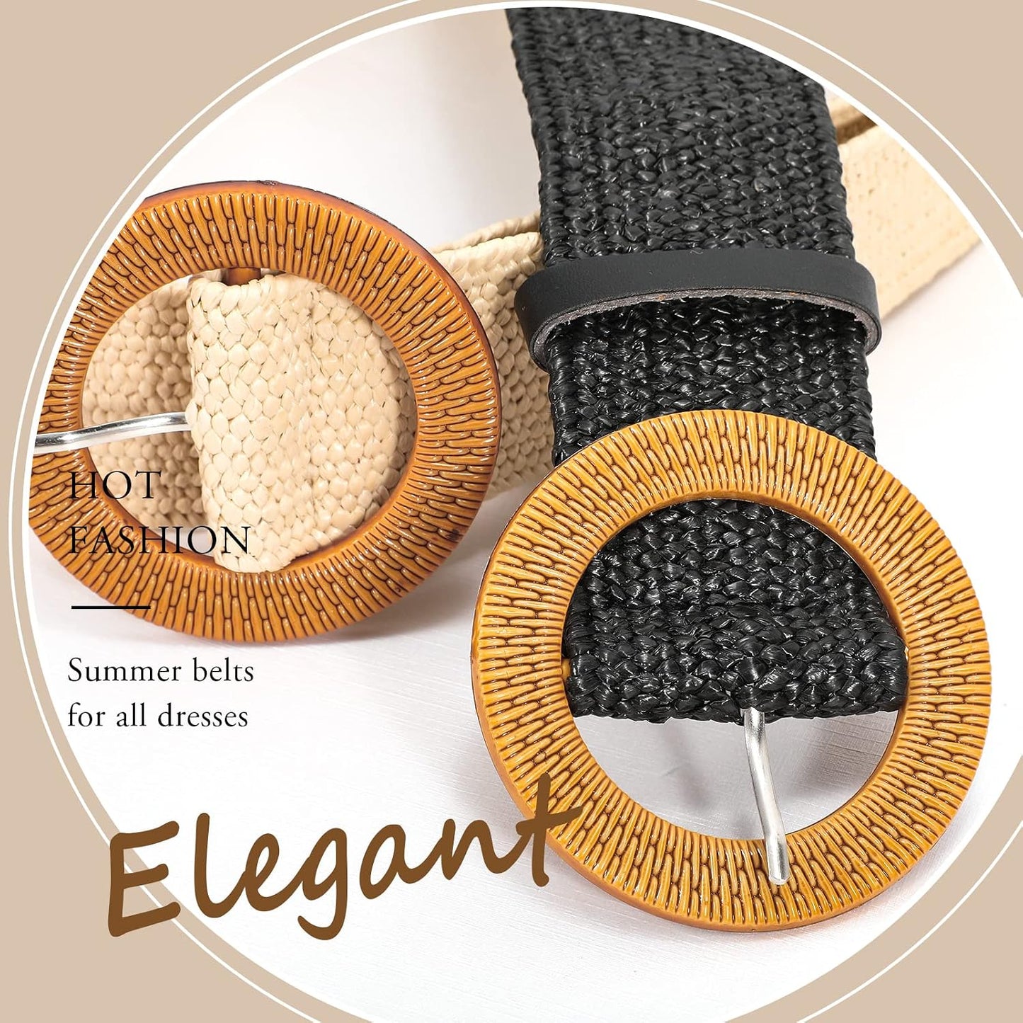 HOTVONMELLI 4 Pack Straw Woven Elastic Stretch Waist Belt for Women Fashion Dress, Boho Braided Women's Belts