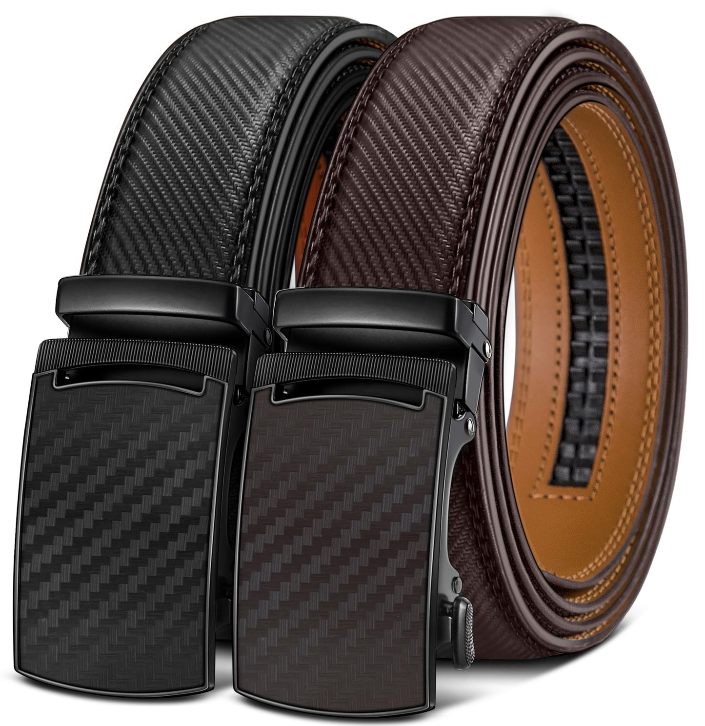 HOTKEMISANT Men's Ratchet Leather Belt 2Pack-Trimmable 1 3/8“-Gift Boxed | Smooth Sliding | Micro Adjustable Fit | Tailored Size | Holeless Understated Elegance