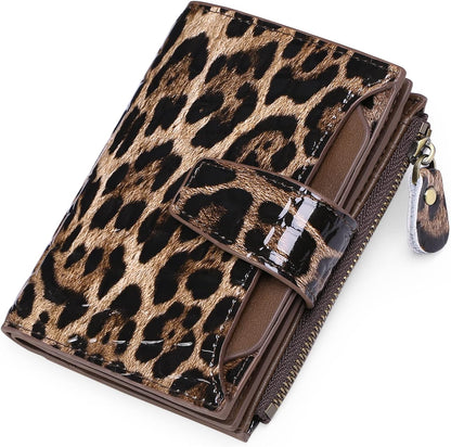 HOTGOIACII Leather Women's Wallet RFID Blocking Credit Card Holder Leopard | Compact, Small, Trifold Billfold with Zipper Coin Pocket, 4 ID Windows