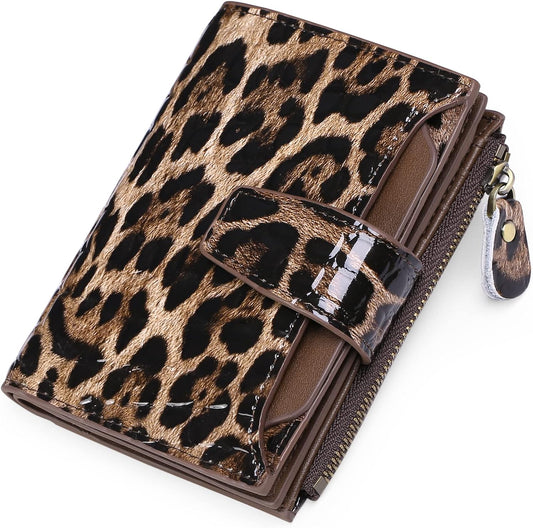 HOTGOIACII Leather Women's Wallet RFID Blocking Credit Card Holder Leopard | Compact, Small, Trifold Billfold with Zipper Coin Pocket, 4 ID Windows