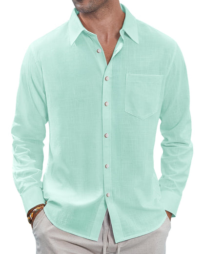 HOTJ.VER Men's Linen Shirts Casual Button Down Long Sleeve Shirt Solid Spread Collar Summer Beach Shirts with Pocket