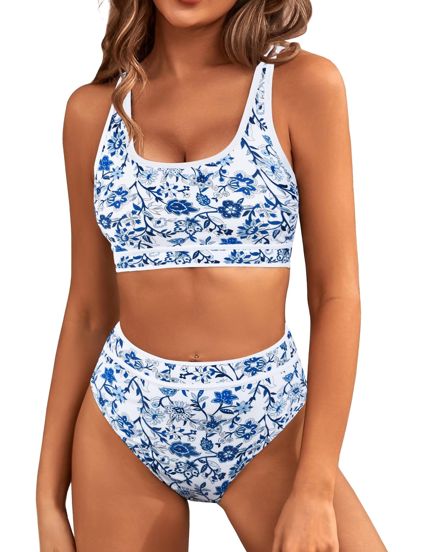 HOTBMJL Women's High Waisted Bikini Sets Sporty Two Piece Swimsuits Color Block Tummy Control Modest Bathing Suit