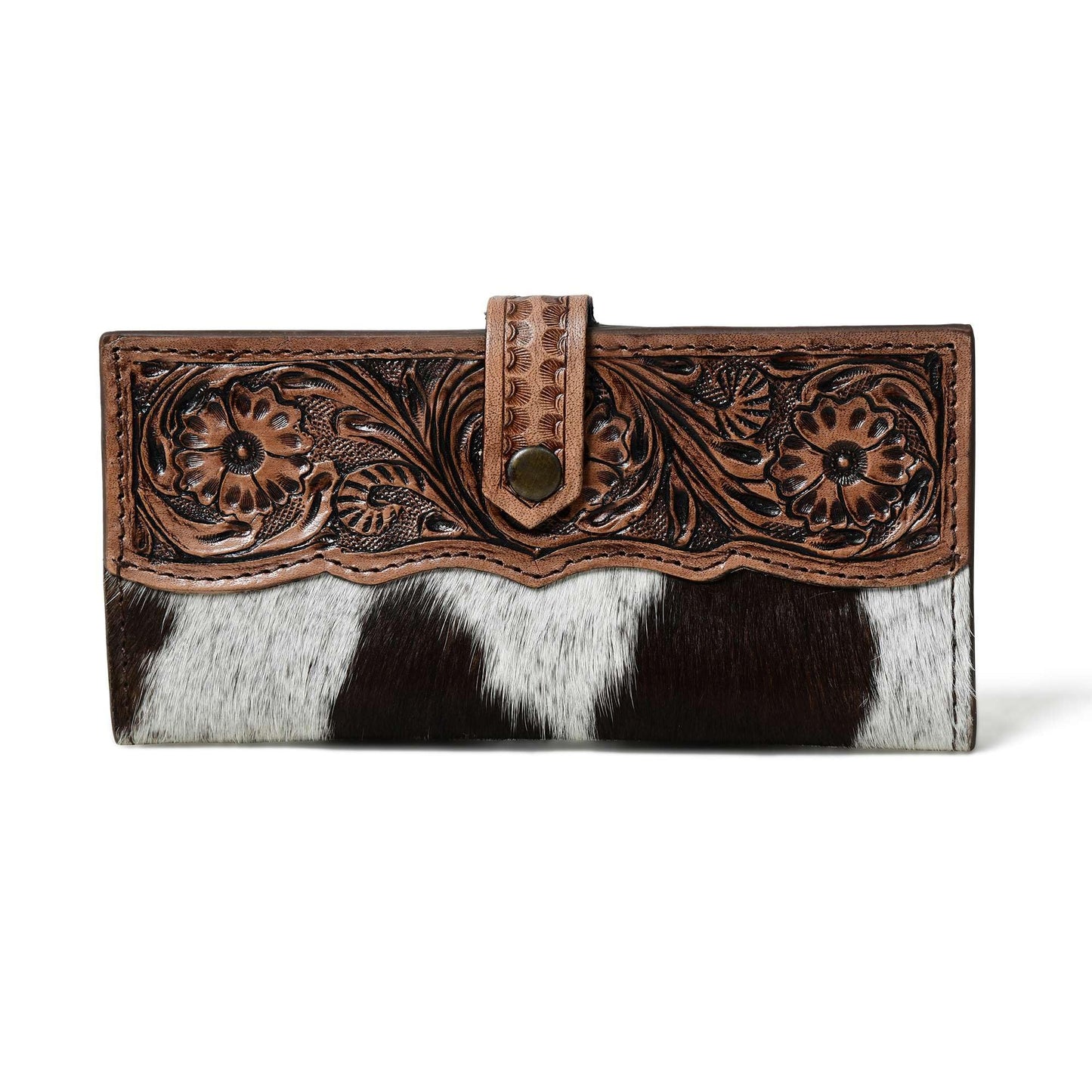 HOTMerbaa Cowhide Leather Wallet for Women | Handmade Floral Tooled Long Clutch with Snap Closure | Western Style Purse | Rustic Cowgirl Bag