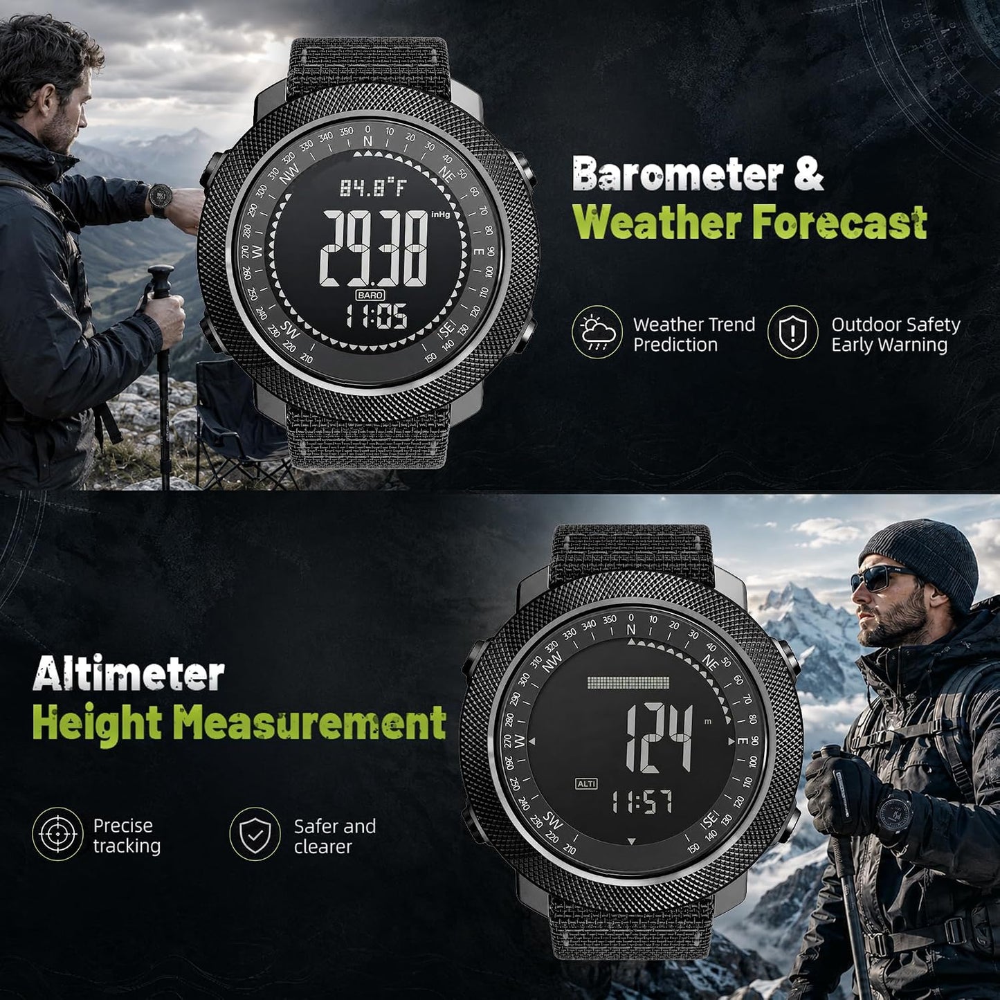 HOTCakCity Digital Watch Military Tactical Watches for Men, 50mm Large Face Zinc Alloy Case with Breathable Double-Layer Nylon Strap, 5ATM Waterproof Shockproof, Altimeter, Barometer, Thermometer, Dual Time, Compass, Alarm, Stopwatch, Countdown
