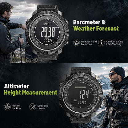 HOTCakCity Digital Watch Military Tactical Watches for Men, 50mm Large Face Zinc Alloy Case with Breathable Double-Layer Nylon Strap, 5ATM Waterproof Shockproof, Altimeter, Barometer, Thermometer, Dual Time, Compass, Alarm, Stopwatch, Countdown