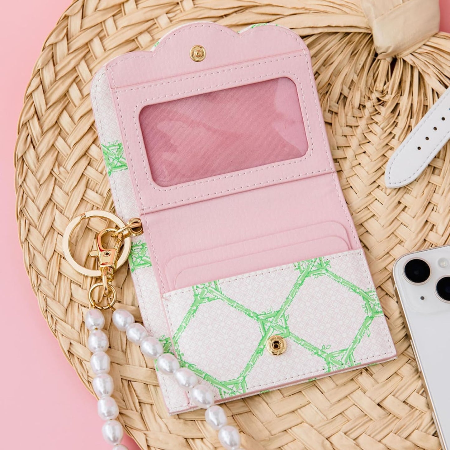 HOTLilly Pulitzer Snap ID Card Case, Cute Keychain Wallet, Slim Credit Card Holder with Pearl Wristlet Strap, Butterfly Trellis