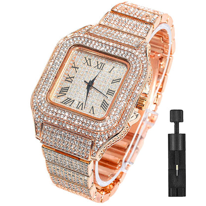 HOTApzzic Diamond Iced Out Watch CZ Gold Plated 40mm Width Roman Numerals Dial Quartz Wristband Watch for Men Women