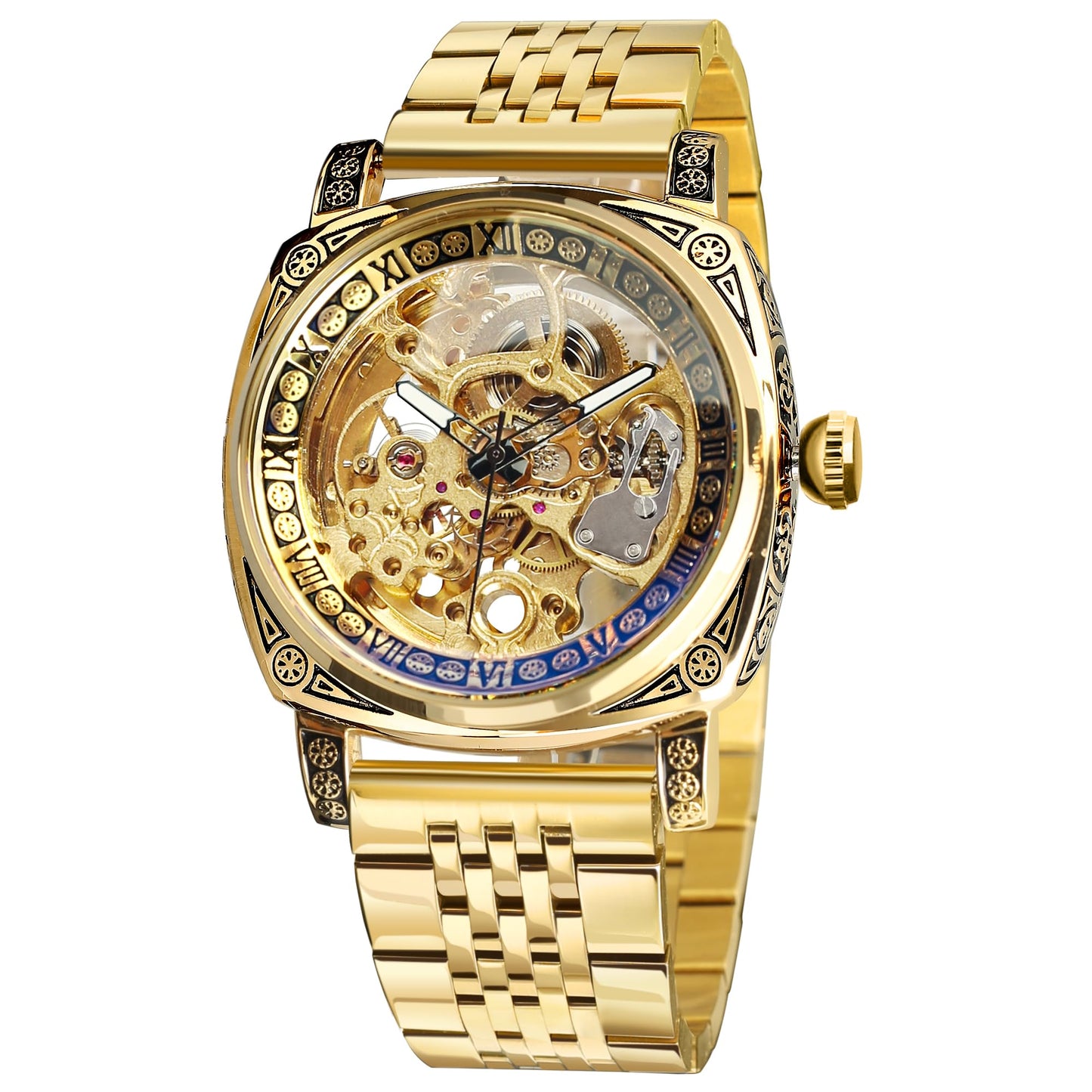 HOTFORSINING Watches for Man, Square Retro Mechanical Watch Self-Wind Carved, Skeleton Automatic Watches Vintage Leather Strap Wristwatch