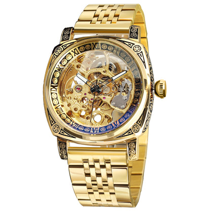 HOTFORSINING Watches for Man, Square Retro Mechanical Watch Self-Wind Carved, Skeleton Automatic Watches Vintage Leather Strap Wristwatch