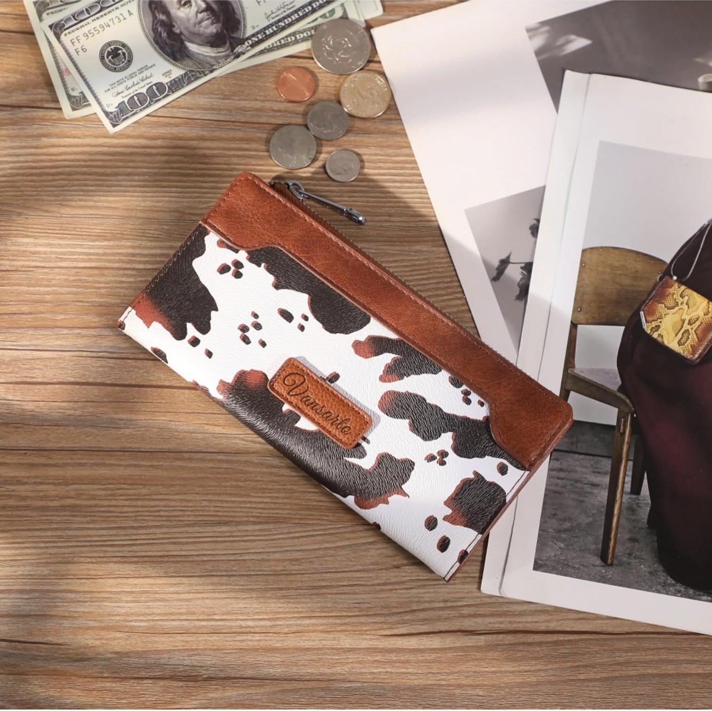 HOTCow Print Wallets for Women Slim Bifold Credit Card Holder - Card Cases Wallet with Smooth Zipper, Coin Pocket & ID Window - Money Organizer Cash Wallet, Signature Brown