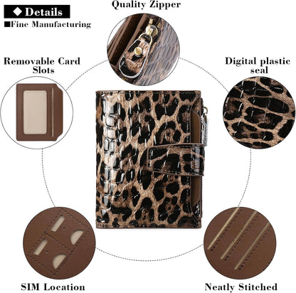HOTGOIACII Leather Women's Wallet RFID Blocking Credit Card Holder Leopard | Compact, Small, Trifold Billfold with Zipper Coin Pocket, 4 ID Windows