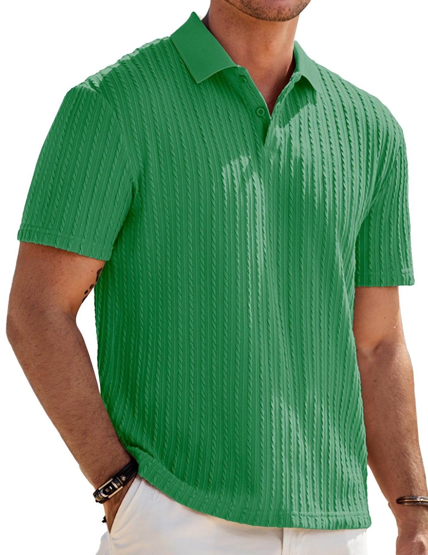 HOTJMIERR Mens Casual Polo Shirt Summer Short Sleeve Vacation Button Beach Knit Stretchy Golf Shirts