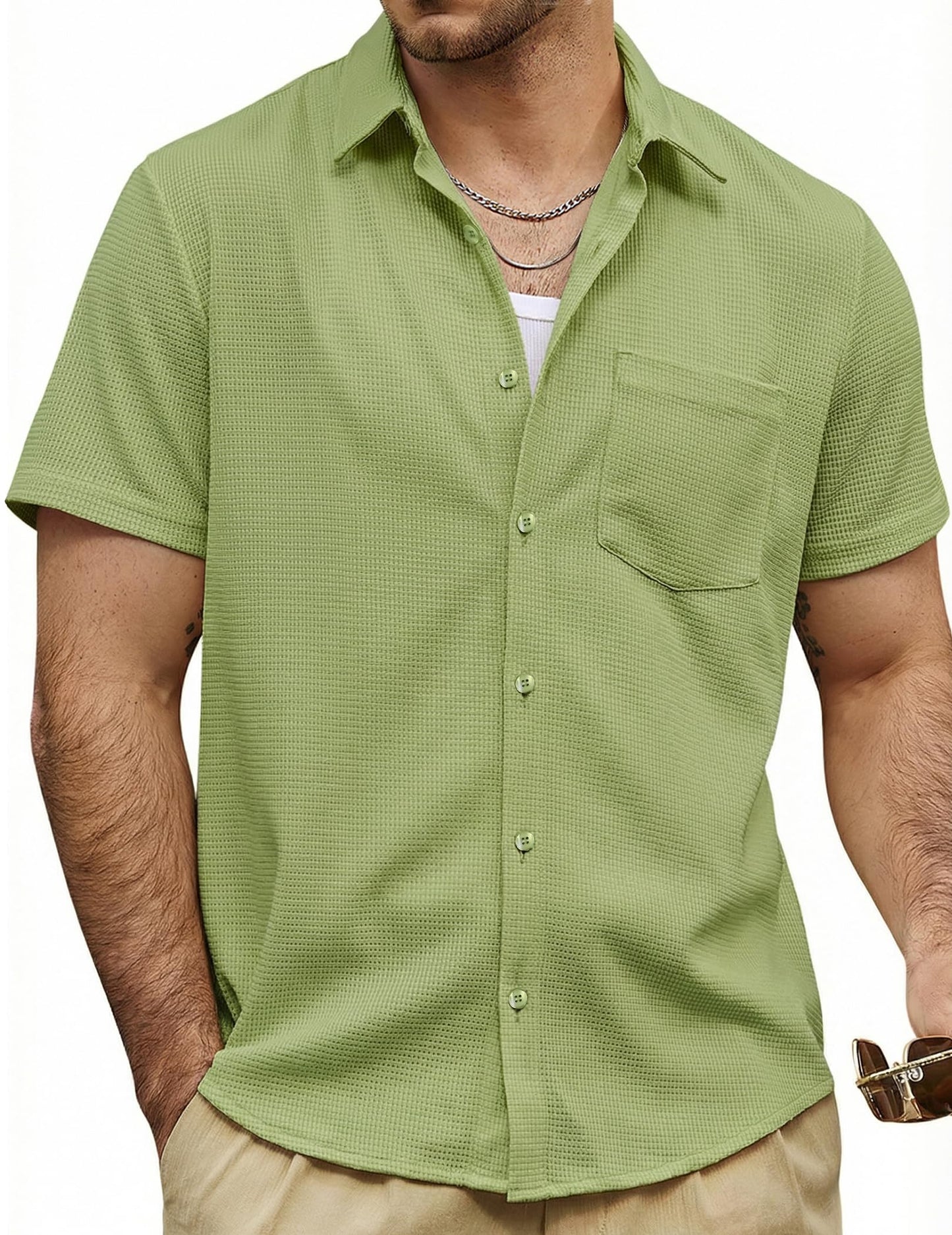 HOTVATPAVE Mens Casual Waffle Shirt Short Sleeve Button Down Summer Shirts | Beach, Untucked, Camp, Daily, Work, Family Photo, Old Money, Vacation, Collared, Wedding, Date, Cruise, Going Out, Pocket